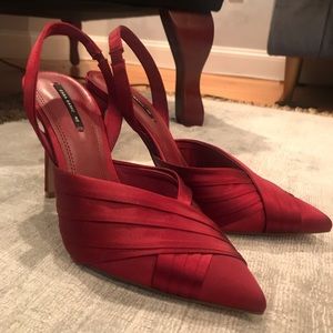 Zara Red Satin Slingback Heels